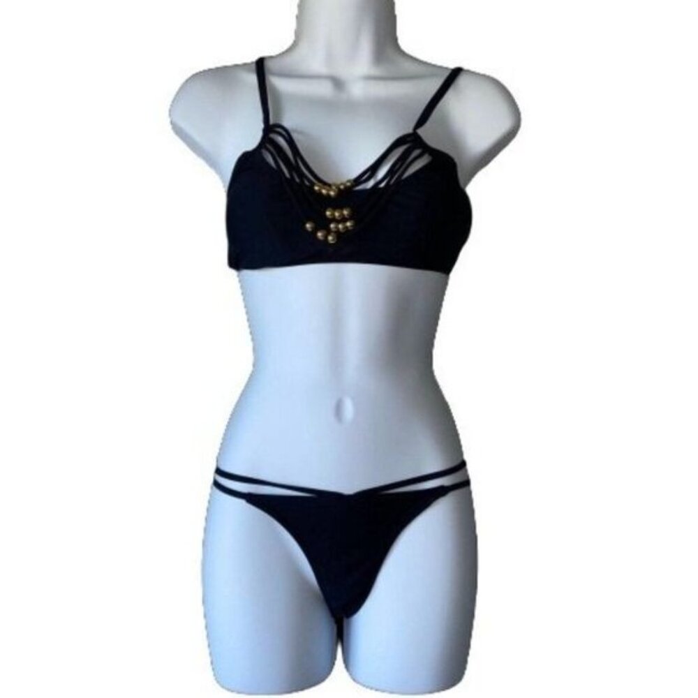 Women Black Bikini Beaded Drape Front Adjustable Strappy Swimsuit Small